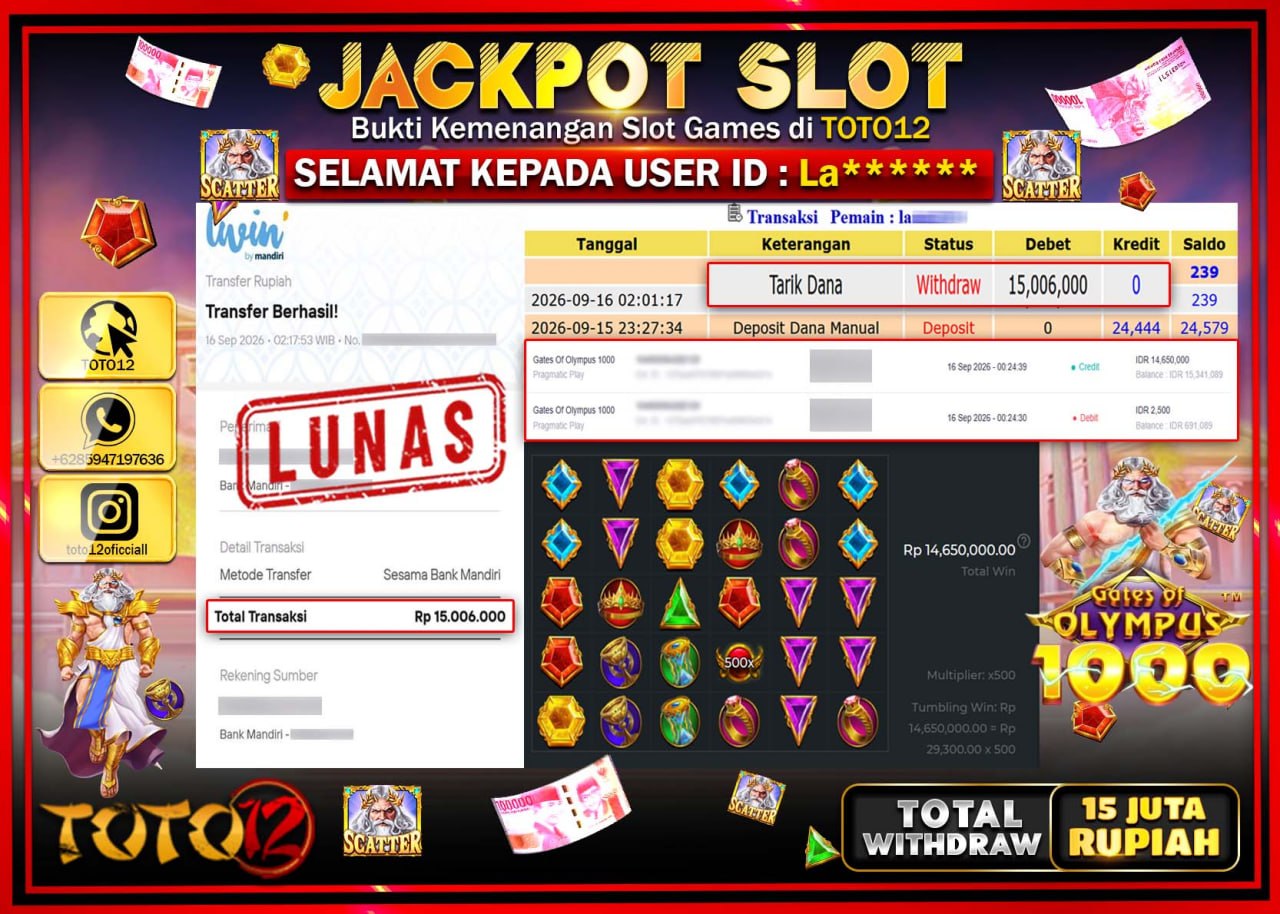 HANYA DI TOTO12 JP PASTI DI BAYAR LUNAS DAN CEPAT!!!!!! JACKPOT SLOT GAME (GATES OF OLYMPUS 1000) Rp15.006.000!!!!