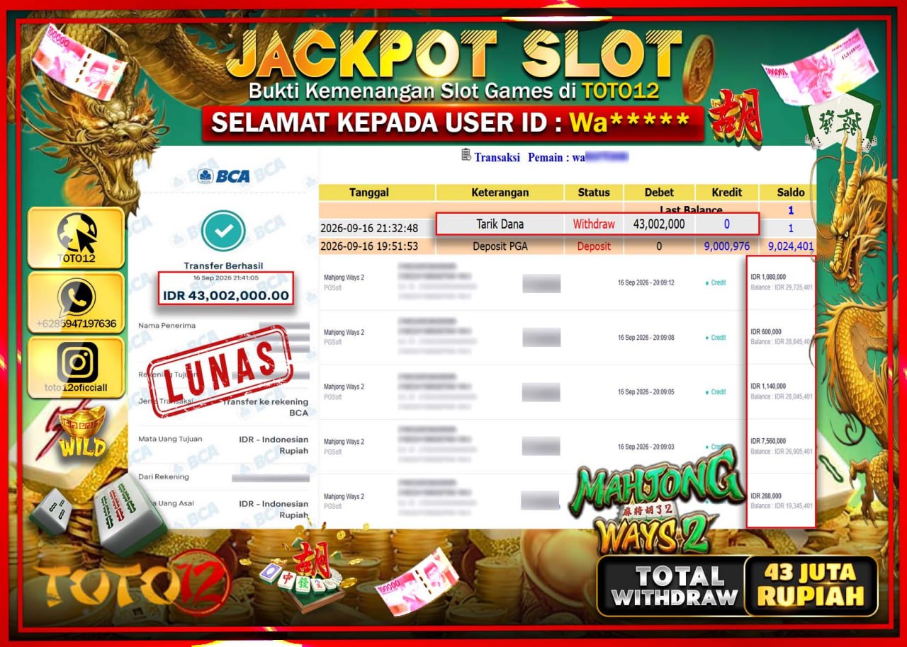 HANYA DI TOTO12 JP PASTI DI BAYAR LUNAS DAN CEPAT!!!!!! JACKPOT SLOT GAME (MAHJONG WAYS 2) Rp43.002.000!!!!