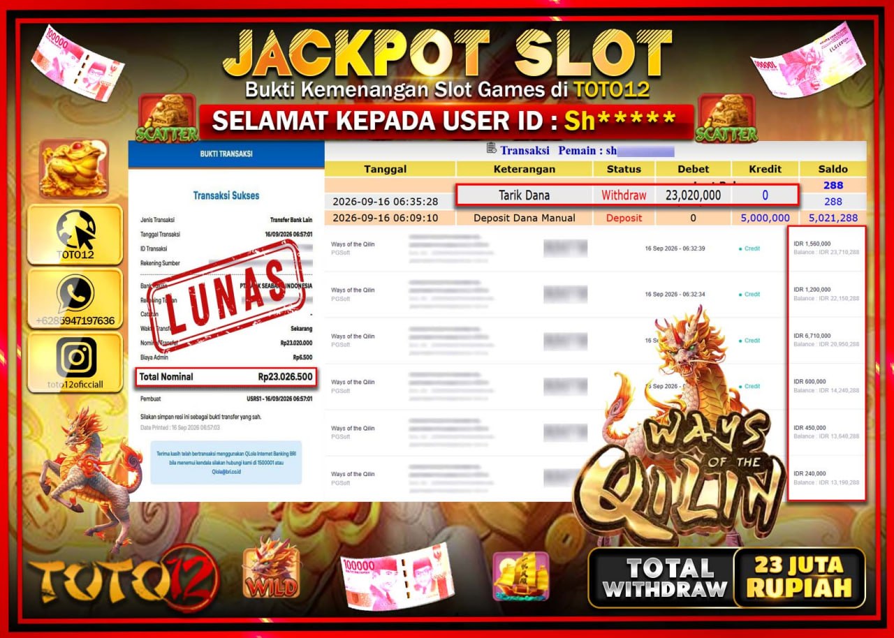 HANYA DI TOTO12 JP PASTI DI BAYAR LUNAS DAN CEPAT!!!!!! JACKPOT SLOT GAME (WAYS OF THE QILIN) Rp23.020.000!!!!