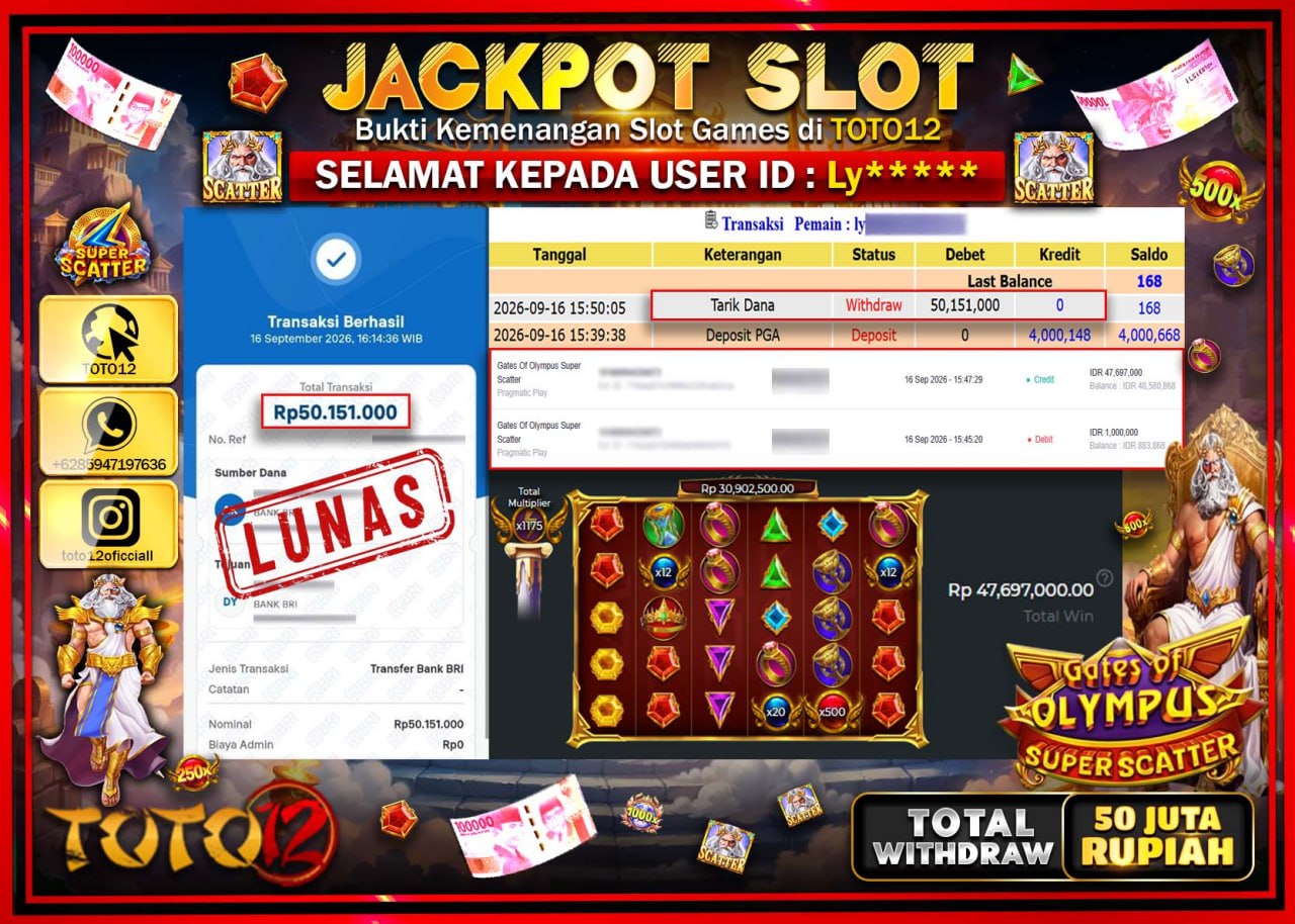 HANYA DI TOTO12 JP PASTI DI BAYAR LUNAS DAN CEPAT!!!!!! JACKPOT SLOT GAME (GATES OF OLYMPUS SUPER SCATTER) Rp50.151.000!!!!