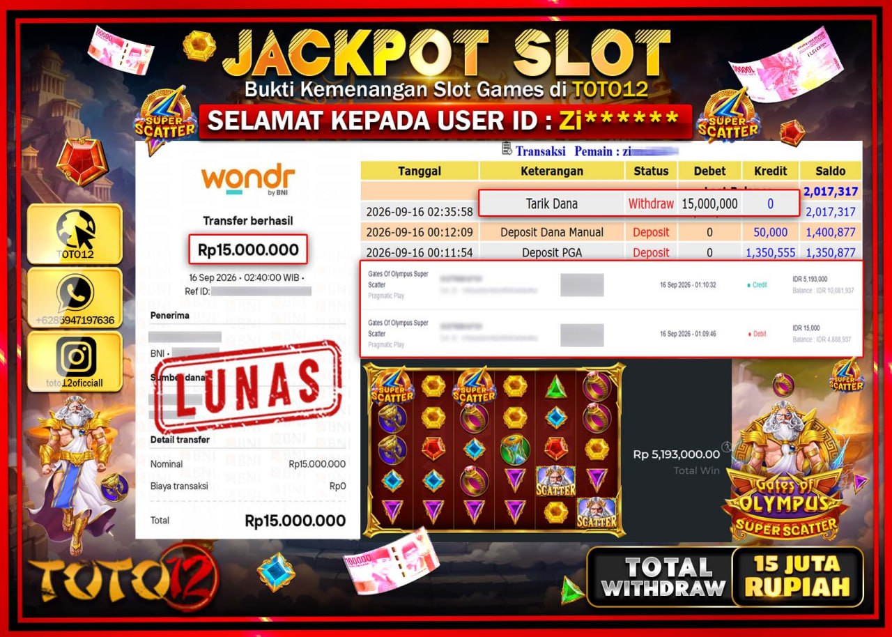 HANYA DI TOTO12 JP PASTI DI BAYAR LUNAS DAN CEPAT!!!!!! JACKPOT SLOT GAME (GATES OF OLYMPUS SUPER SCATTER) Rp15.000.000!!!!
