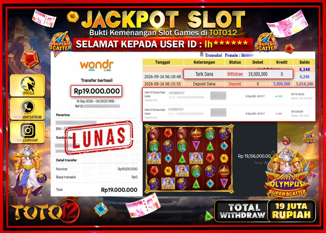 HANYA DI TOTO12 JP PASTI DI BAYAR LUNAS DAN CEPAT!!!!!! JACKPOT SLOT GAME (GATES OF OLYMPUS SUPER SCATTER) Rp19.000.000!!!!