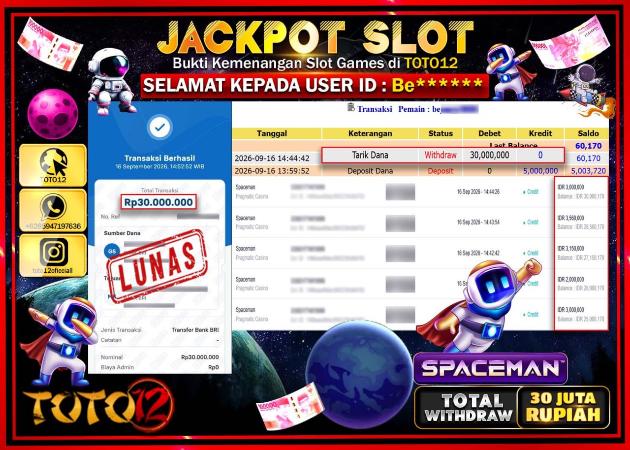 HANYA DI TOTO12 JP PASTI DI BAYAR LUNAS DAN CEPAT!!!!!! JACKPOT SLOT GAME (SPACEMAN) Rp30.000.000!!!!