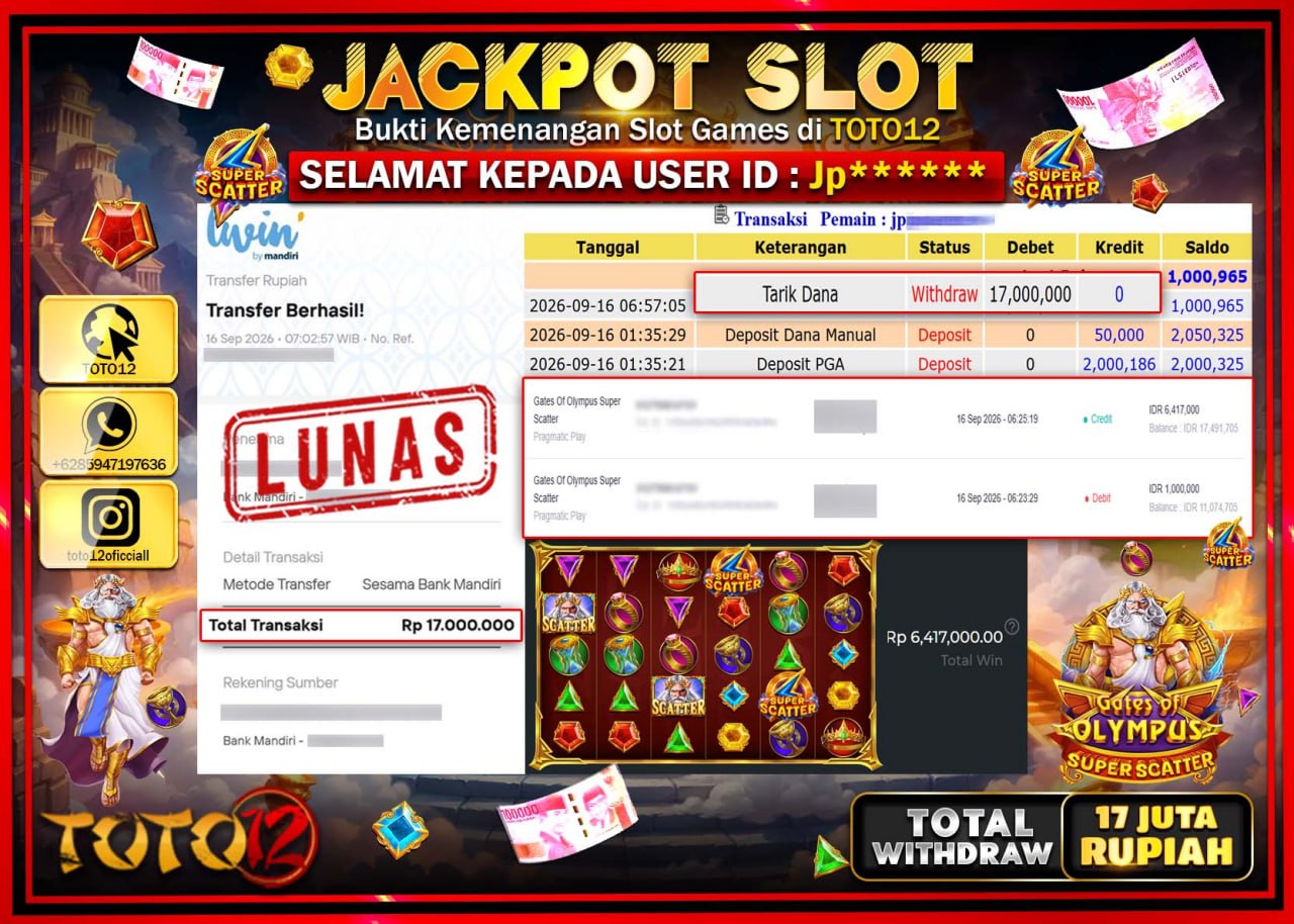 HANYA DI TOTO12 JP PASTI DI BAYAR LUNAS DAN CEPAT!!!!!! JACKPOT SLOT GAME (GATES OF OLYMPUS SUPER SCATTER) Rp17.000.000!!!!