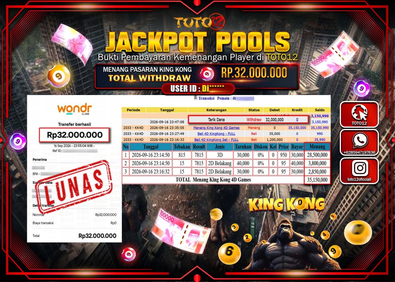 HANYA DI TOTO12 JP PASTI DI BAYAR LUNAS DAN CEPAT!!!!!! JACKPOT POOLS PASARAN (KING KONG) Rp32.000.000!!!!