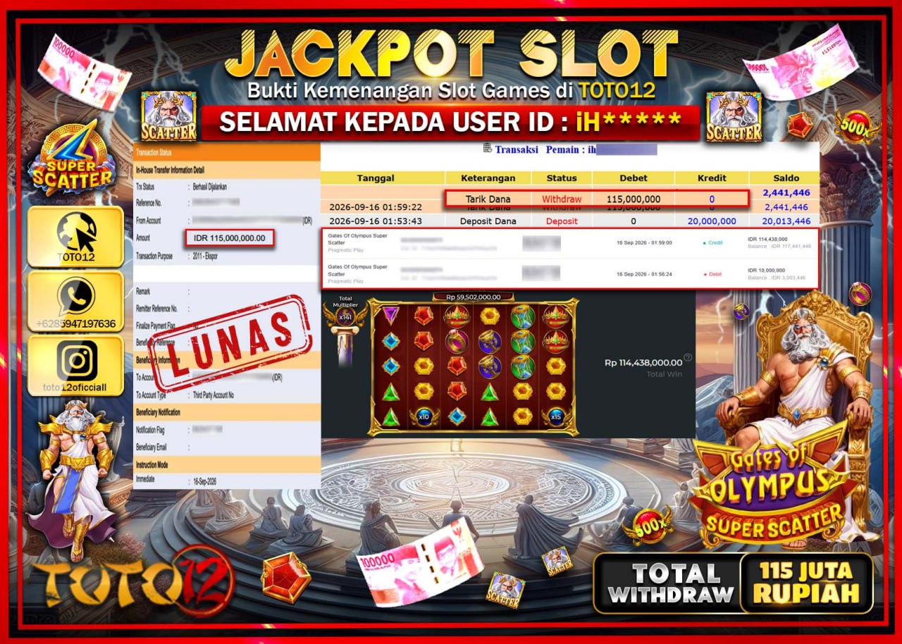 HANYA DI TOTO12 JP PASTI DI BAYAR LUNAS DAN CEPAT!!!!!! JACKPOT SLOT GAME (GATES OF OLYMPUS SUPER SCATTER) Rp115.000.000!!!!