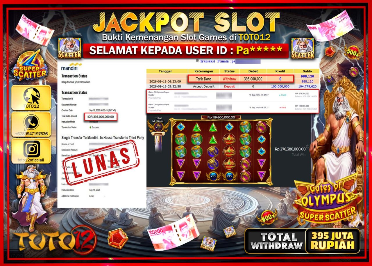 HANYA DI TOTO12 JP PASTI DI BAYAR LUNAS DAN CEPAT!!!!!! JACKPOT SLOT GAME (GATES OF OLYMPUS SUPER SCATTER) Rp395.000.000!!!!