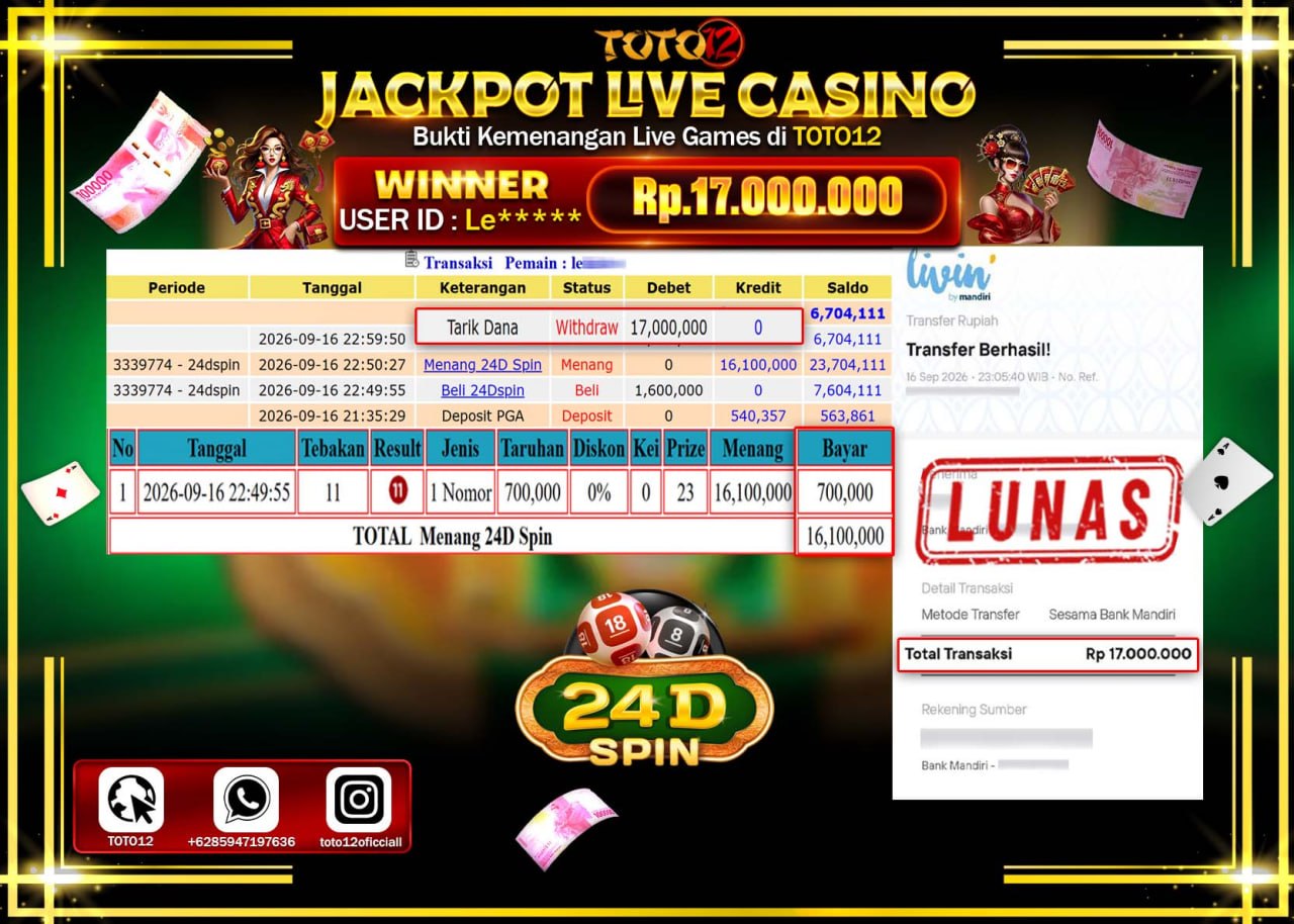 HANYA DI TOTO12 JP PASTI DI BAYAR LUNAS DAN CEPAT!!!!!! JACKPOT  LIVE GAME CASINO (24D) Rp17.000.000!!!!