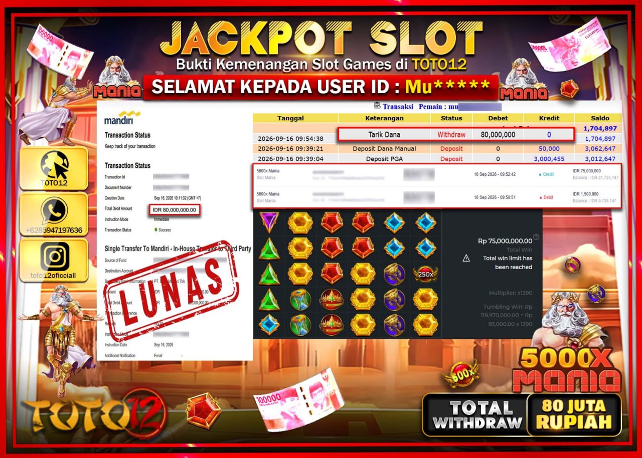 HANYA DI TOTO12 JP PASTI DI BAYAR LUNAS DAN CEPAT!!!!!! JACKPOT SLOT GAME (5000 X MANIA) Rp80.000.000!!!!