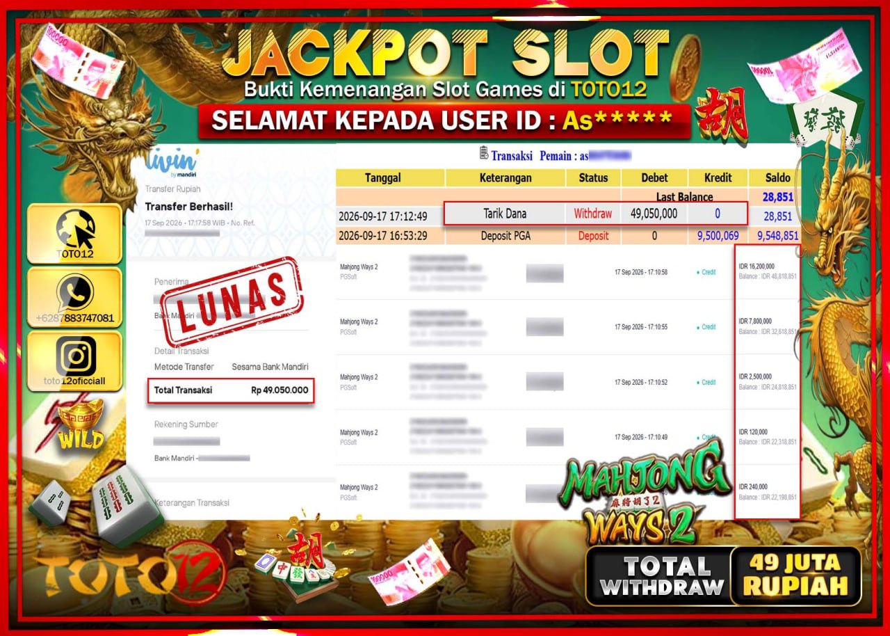 HANYA DI TOTO12 JP PASTI DI BAYAR LUNAS DAN CEPAT!!!!!! JACKPOT SLOT GAME (MAHJONG WAYS 2) Rp49.050.000!!!!