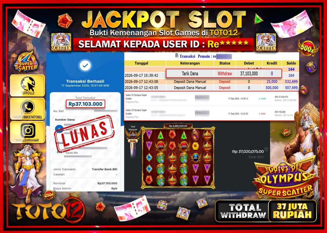 HANYA DI TOTO12 JP PASTI DI BAYAR LUNAS DAN CEPAT!!!!!! JACKPOT SLOT GAME (GATES OF OLYMPUS SUPER SCATTER) Rp37.103.000!!!!
