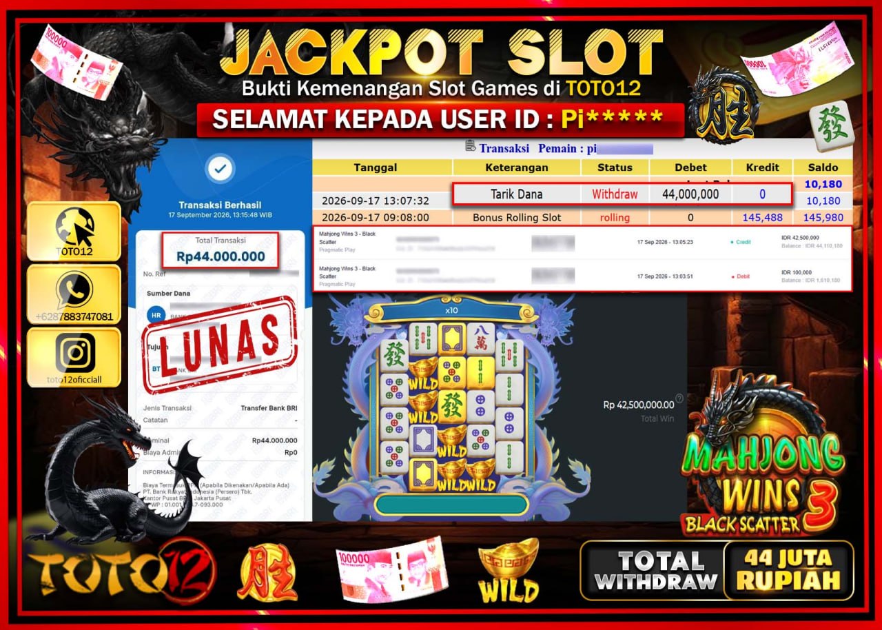 HANYA DI TOTO12 JP PASTI DI BAYAR LUNAS DAN CEPAT!!!!!! JACKPOT SLOT GAME (MAHJONG WINS 3 BLACK SCATTER) Rp44.000.000!!!!
