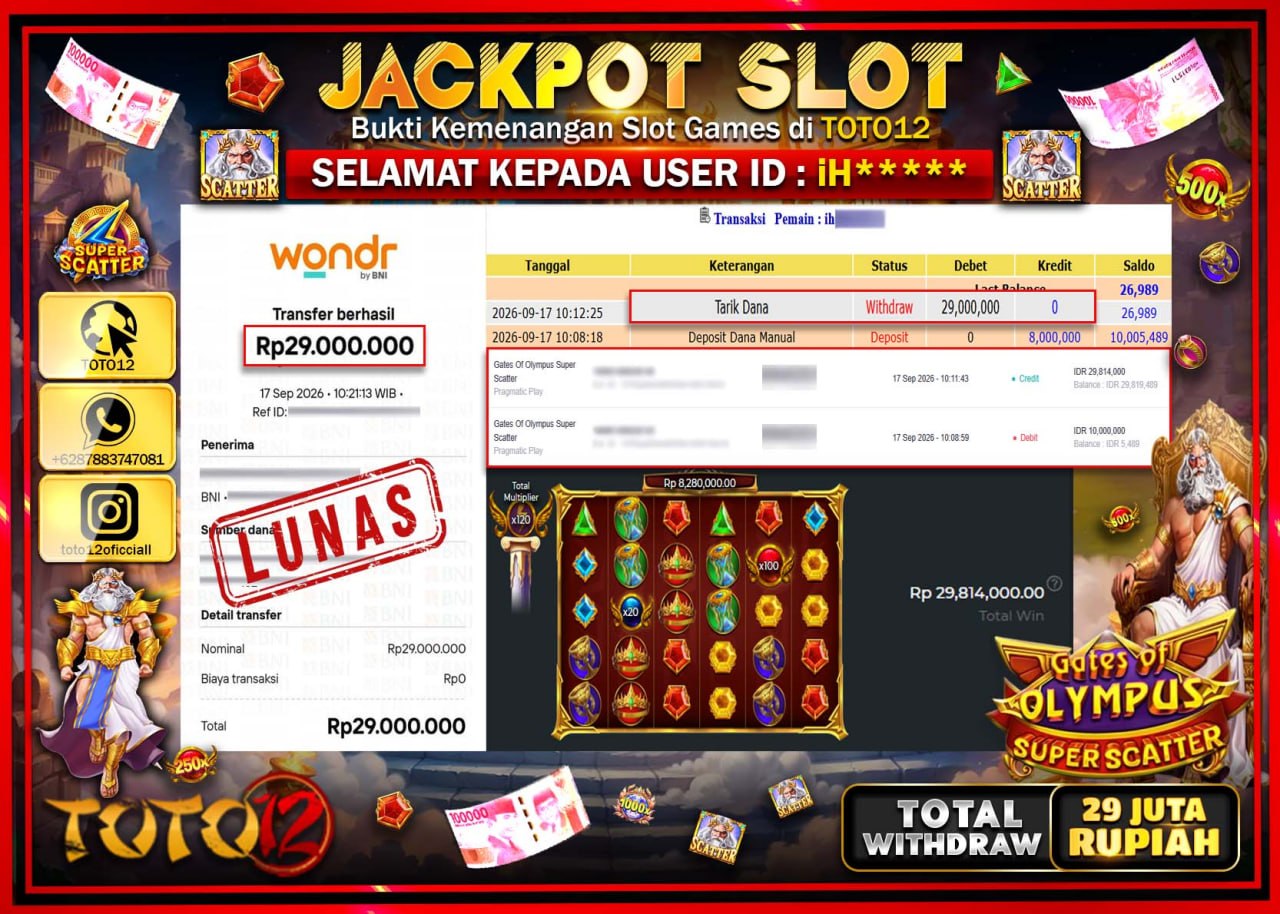 HANYA DI TOTO12 JP PASTI DI BAYAR LUNAS DAN CEPAT!!!!!! JACKPOT SLOT GAME (GATES OF OLYMPUS SUPER SCATTER) Rp29.000.000!!!!