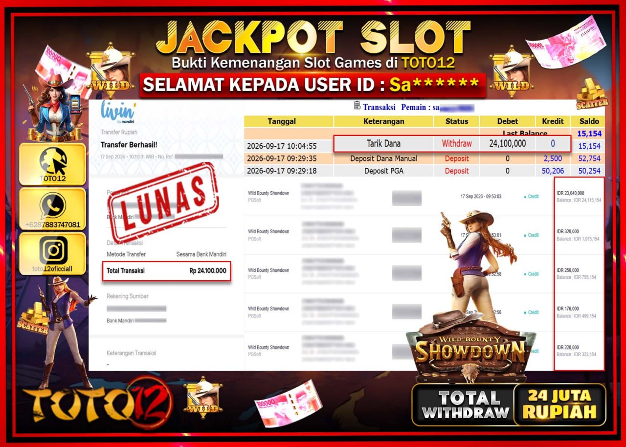 HANYA DI TOTO12 JP PASTI DI BAYAR LUNAS DAN CEPAT!!!!!! JACKPOT SLOT GAME (WILD BOUNTY SHOWDOWN) Rp24.100.000!!!!