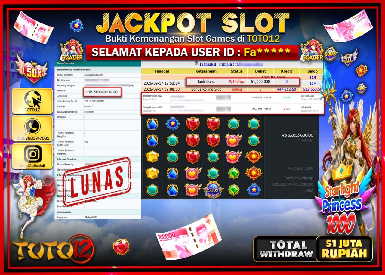 HANYA DI TOTO12 JP PASTI DI BAYAR LUNAS DAN CEPAT!!!!!! JACKPOT SLOT GAME (STARLIGHT PRINCESS 1000) Rp51.000.000!!!!