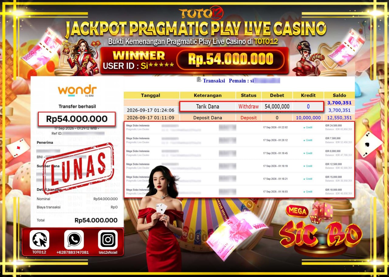 HANYA DI TOTO12 JP PASTI DI BAYAR LUNAS DAN CEPAT!!!!!! JACKPOT PRAGMATIC PLAY LIVE GAME CASINO (MEGA SICBO INDONESIA) Rp20.000.000!!!!