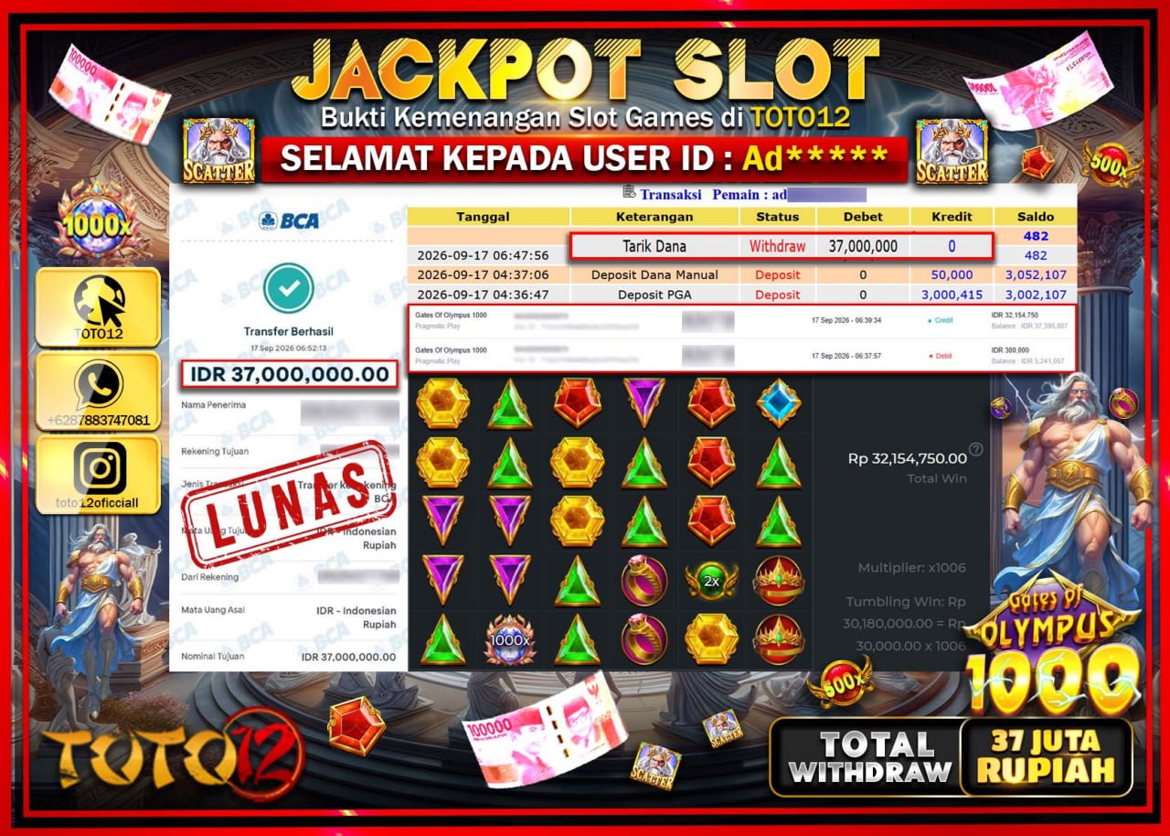 HANYA DI TOTO12 JP PASTI DI BAYAR LUNAS DAN CEPAT!!!!!! JACKPOT SLOT GAME (GATES OF OLYMPUS 1000) Rp37.000.000!!!!