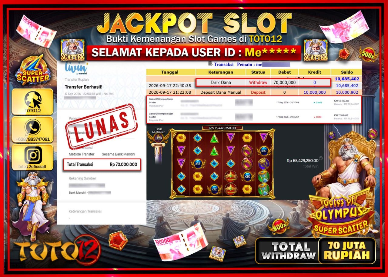 HANYA DI TOTO12 JP PASTI DI BAYAR LUNAS DAN CEPAT!!!!!! JACKPOT SLOT GAME (GATES OF OLYMPUS SUPER SCATTER) Rp70.000.000!!!!