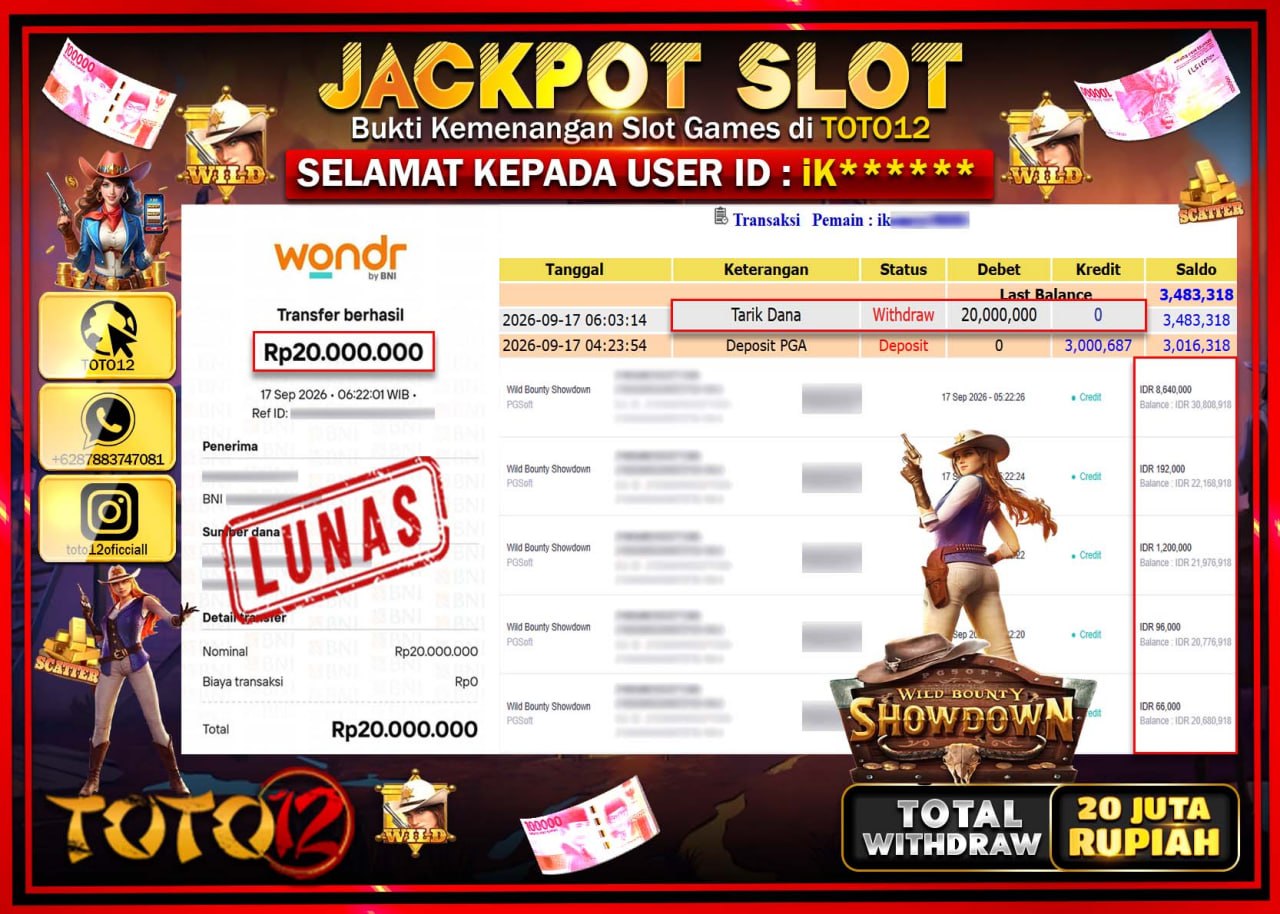 HANYA DI TOTO12 JP PASTI DI BAYAR LUNAS DAN CEPAT!!!!!! JACKPOT SLOT GAME (WILD BOUNTY SHOWDOWN) Rp20.000.000!!!!