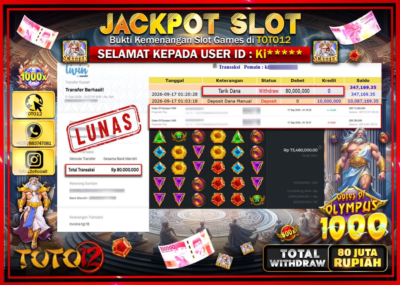 HANYA DI TOTO12 JP PASTI DI BAYAR LUNAS DAN CEPAT!!!!!! JACKPOT SLOT GAME (GATES OF OLYMPUS 1000) Rp80.000.000!!!!