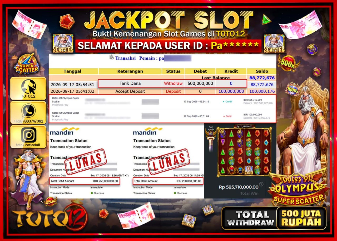 HANYA DI TOTO12 JP PASTI DI BAYAR LUNAS DAN CEPAT!!!!!! JACKPOT SLOT GAME (GATES OF OLYMPUS SUPER SCATTER) Rp500.000.000!!!!