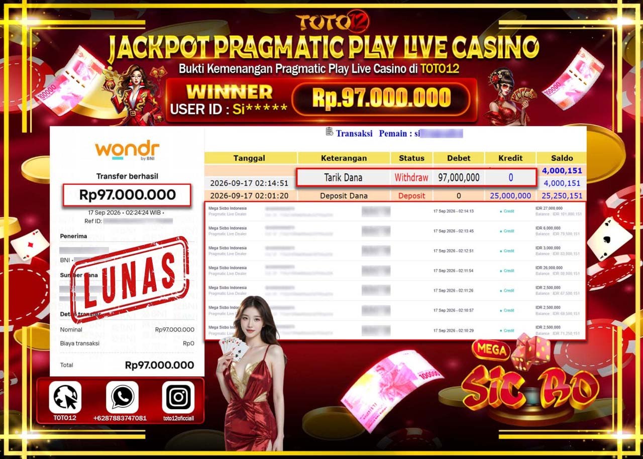HANYA DI TOTO12 JP PASTI DI BAYAR LUNAS DAN CEPAT!!!!!! JACKPOT PRAGMATIC PLAY LIVE GAME CASINO (MEGA SICBO INDONESIA) Rp97.000.000!!!!