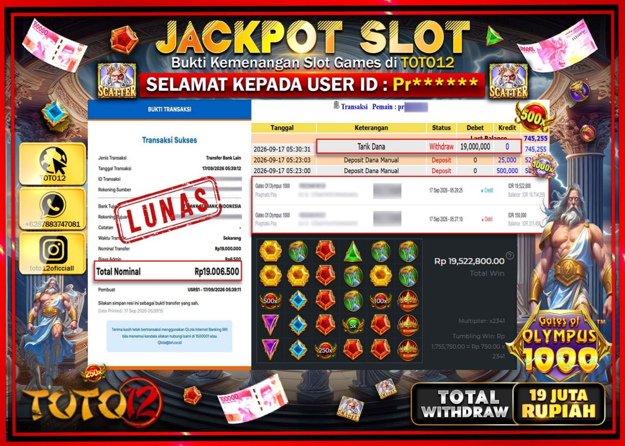 HANYA DI TOTO12 JP PASTI DI BAYAR LUNAS DAN CEPAT!!!!!! JACKPOT SLOT GAME (GATES OF OLYMPUS 1000) Rp19.000.000!!!!
