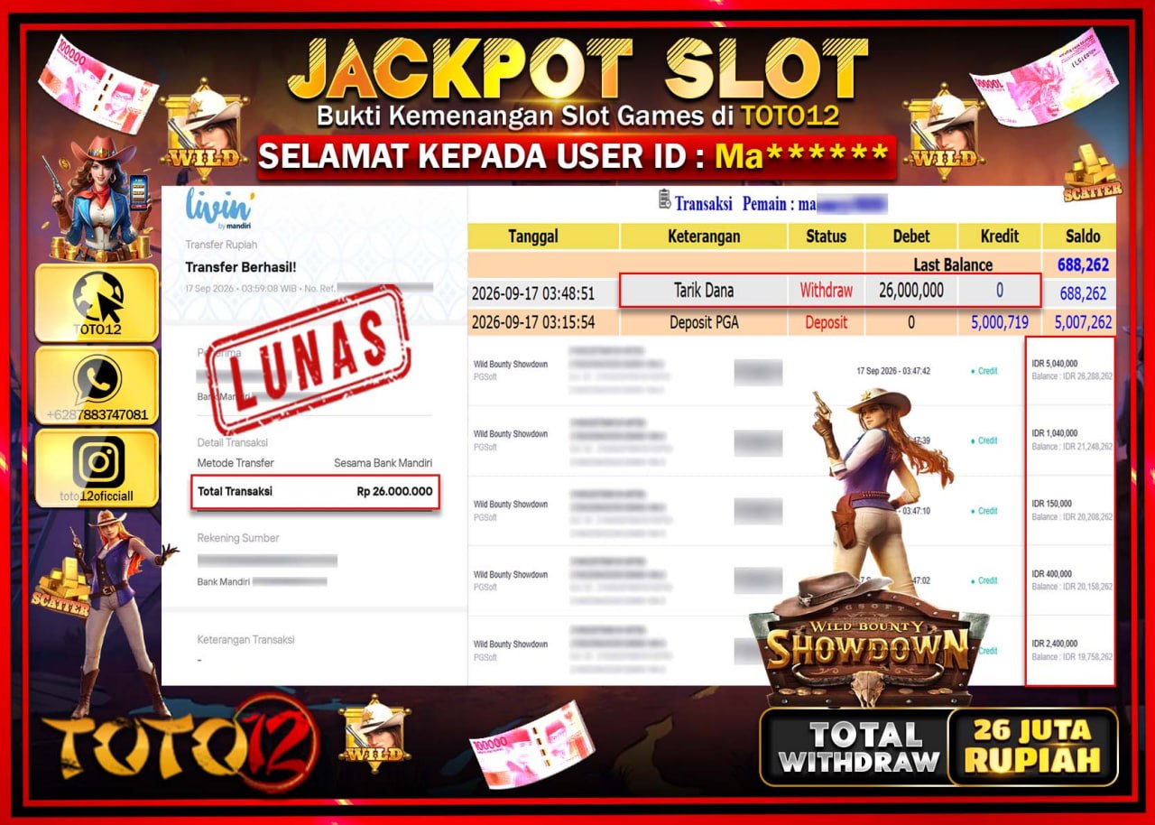 HANYA DI TOTO12 JP PASTI DI BAYAR LUNAS DAN CEPAT!!!!!! JACKPOT SLOT GAME (WILD BOUNTY SHOWDOWN) Rp26.000.000!!!!