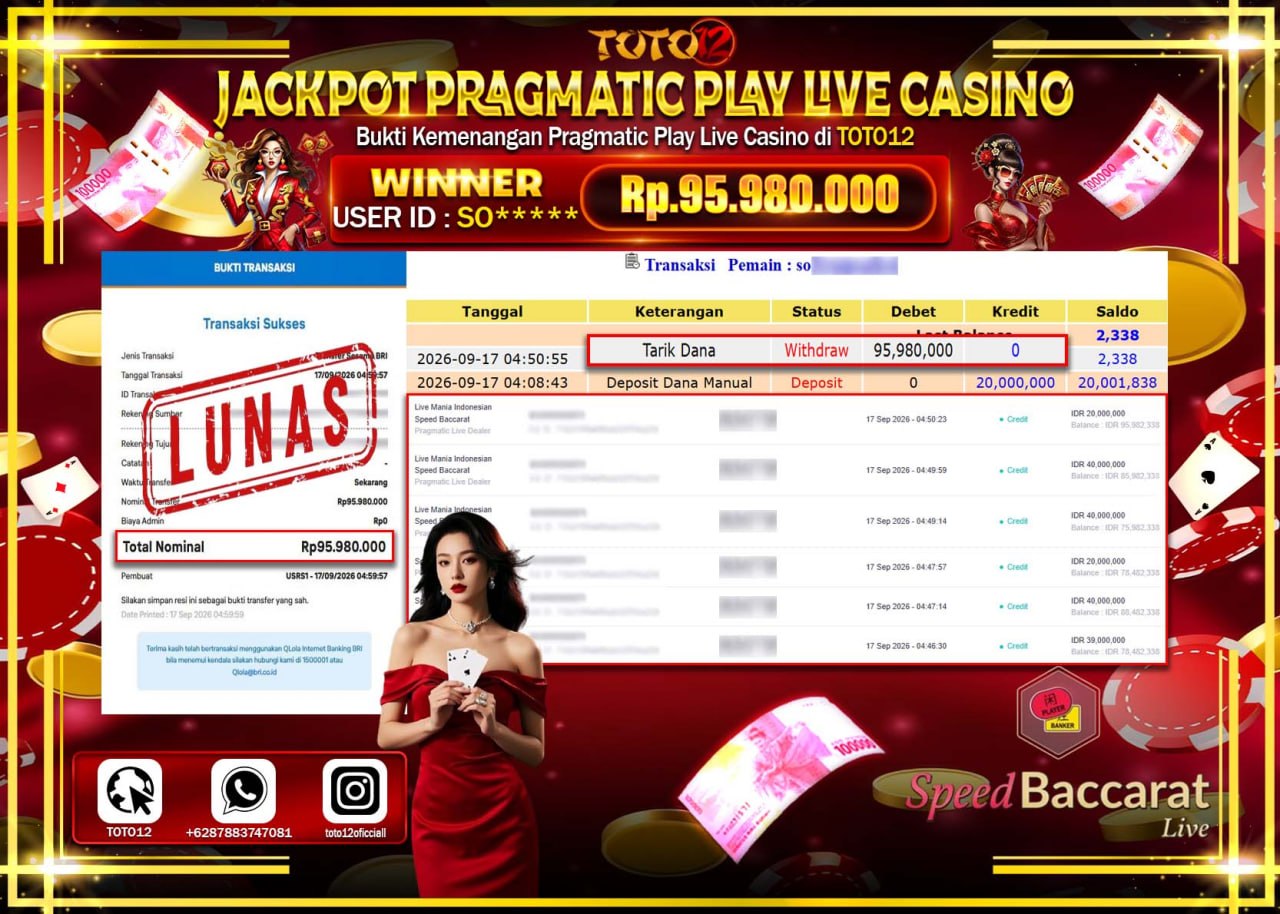 HANYA DI TOTO12 JP PASTI DI BAYAR LUNAS DAN CEPAT!!!!!! JACKPOT PRAGMATIC PLAY LIVE GAME CASINO (LIVE MANIA INDONESIA SPEED BACCARAT) Rp95.980.000!!!!