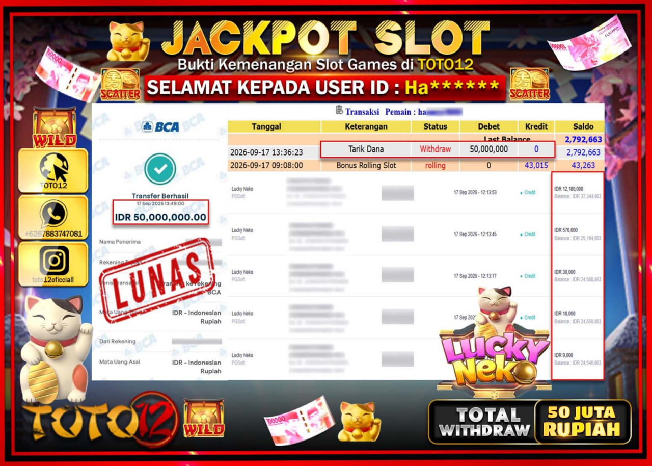 HANYA DI TOTO12 JP PASTI DI BAYAR LUNAS DAN CEPAT!!!!!! JACKPOT SLOT GAME (LUCKY NEKO) Rp50.000.000!!!!