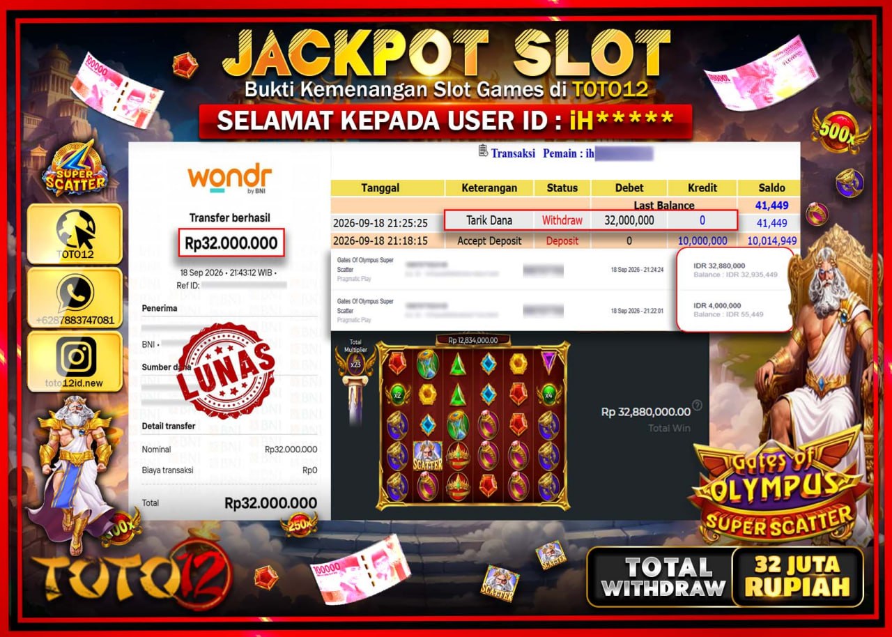 HANYA DI TOTO12 JP PASTI DI BAYAR LUNAS DAN CEPAT!!!!!! JACKPOT SLOT GAME (GATES OF OLYMPUS SUPER SCATTER) Rp32.000.000!!!!