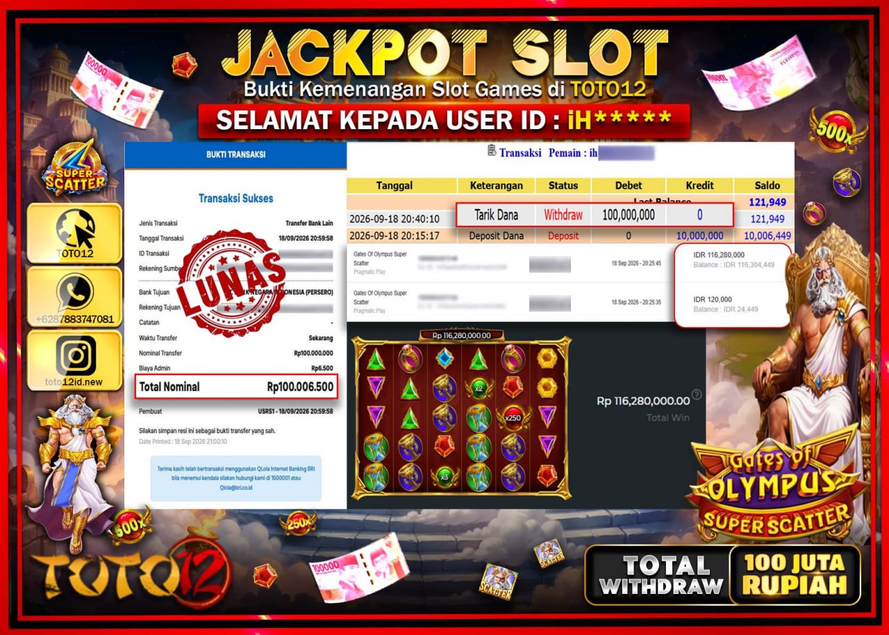 HANYA DI TOTO12 JP PASTI DI BAYAR LUNAS DAN CEPAT!!!!!! JACKPOT SLOT GAME (GATES OF OLYMPUS SUPER SCATTER) Rp100.000.000!!!!
