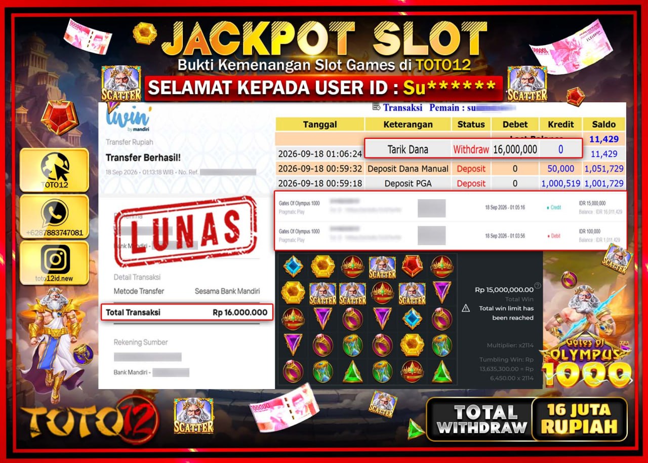 HANYA DI TOTO12 JP PASTI DI BAYAR LUNAS DAN CEPAT!!!!!! JACKPOT SLOT GAME (GATES OF OLYMPUS SUPER SCATTER) Rp16.000.000!!!!