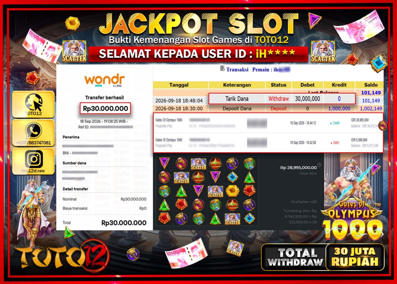 HANYA DI TOTO12 JP PASTI DI BAYAR LUNAS DAN CEPAT!!!!!! JACKPOT SLOT GAME (GATES OF OLYMPUS 1000) Rp30.000.000!!!!