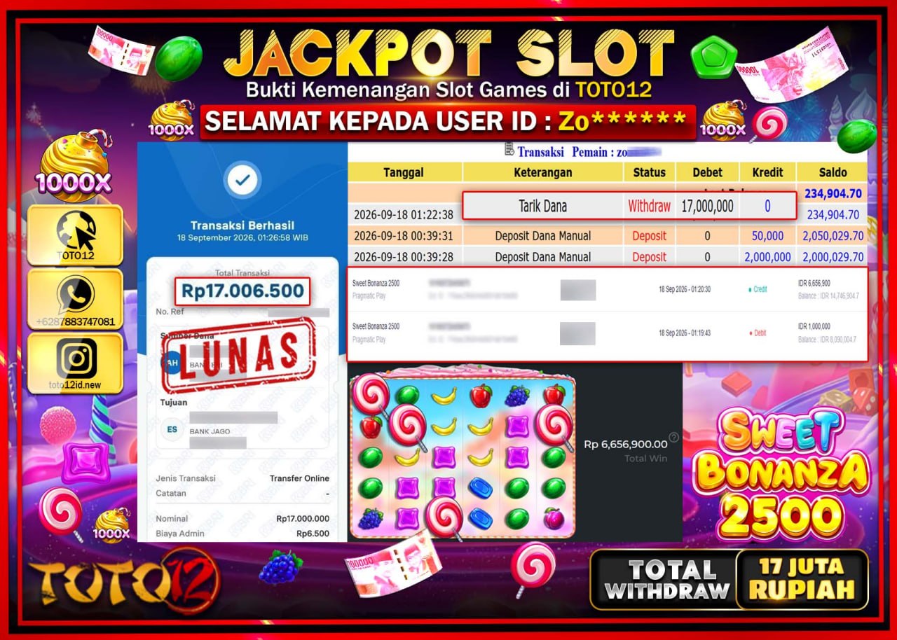 HANYA DI TOTO12 JP PASTI DI BAYAR LUNAS DAN CEPAT!!!!!! JACKPOT SLOT GAME (SWEET BONANZA 2500) Rp17.000.000!!!!