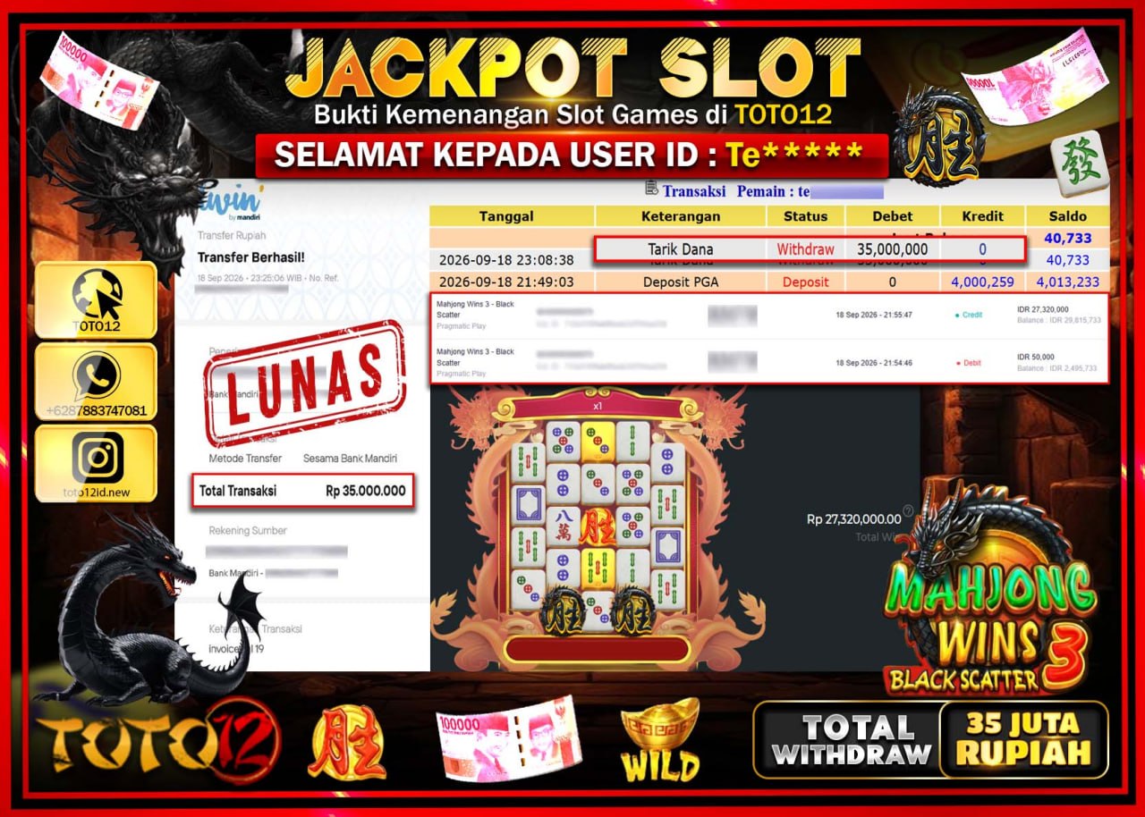 HANYA DI TOTO12 JP PASTI DI BAYAR LUNAS DAN CEPAT!!!!!! JACKPOT SLOT GAME (MAHJONG WINS 3 BLACK SCATTER) Rp31..000.000!!!!