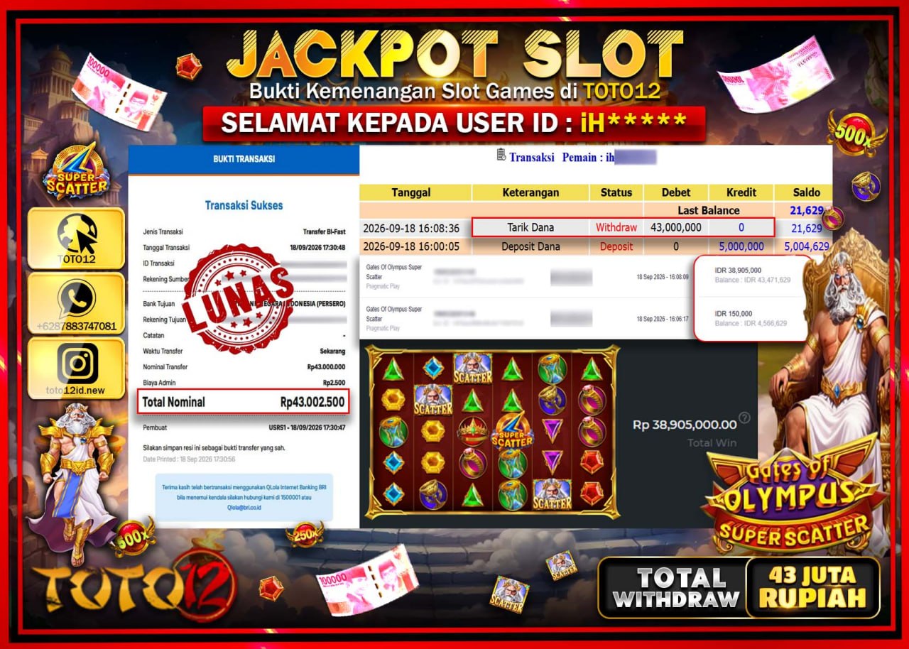 HANYA DI TOTO12 JP PASTI DI BAYAR LUNAS DAN CEPAT!!!!!! JACKPOT SLOT GAME (GATES OF OLYMPUS SUPER SCATTER) Rp43.000.000!!!!