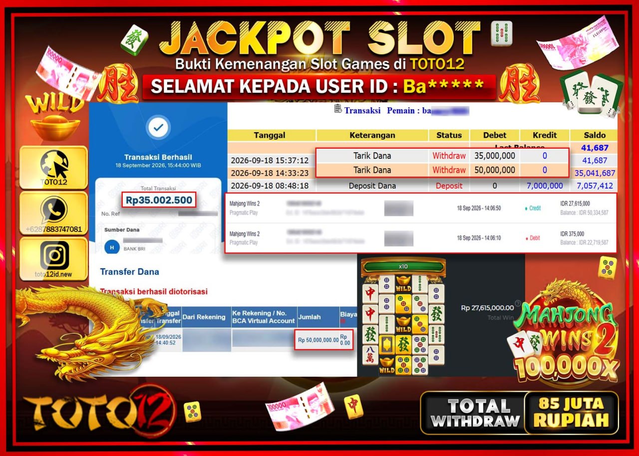 HANYA DI TOTO12 JP PASTI DI BAYAR LUNAS DAN CEPAT!!!!!! JACKPOT SLOT GAME (MAHJONG WINS 2) Rp85.000.000!!!!