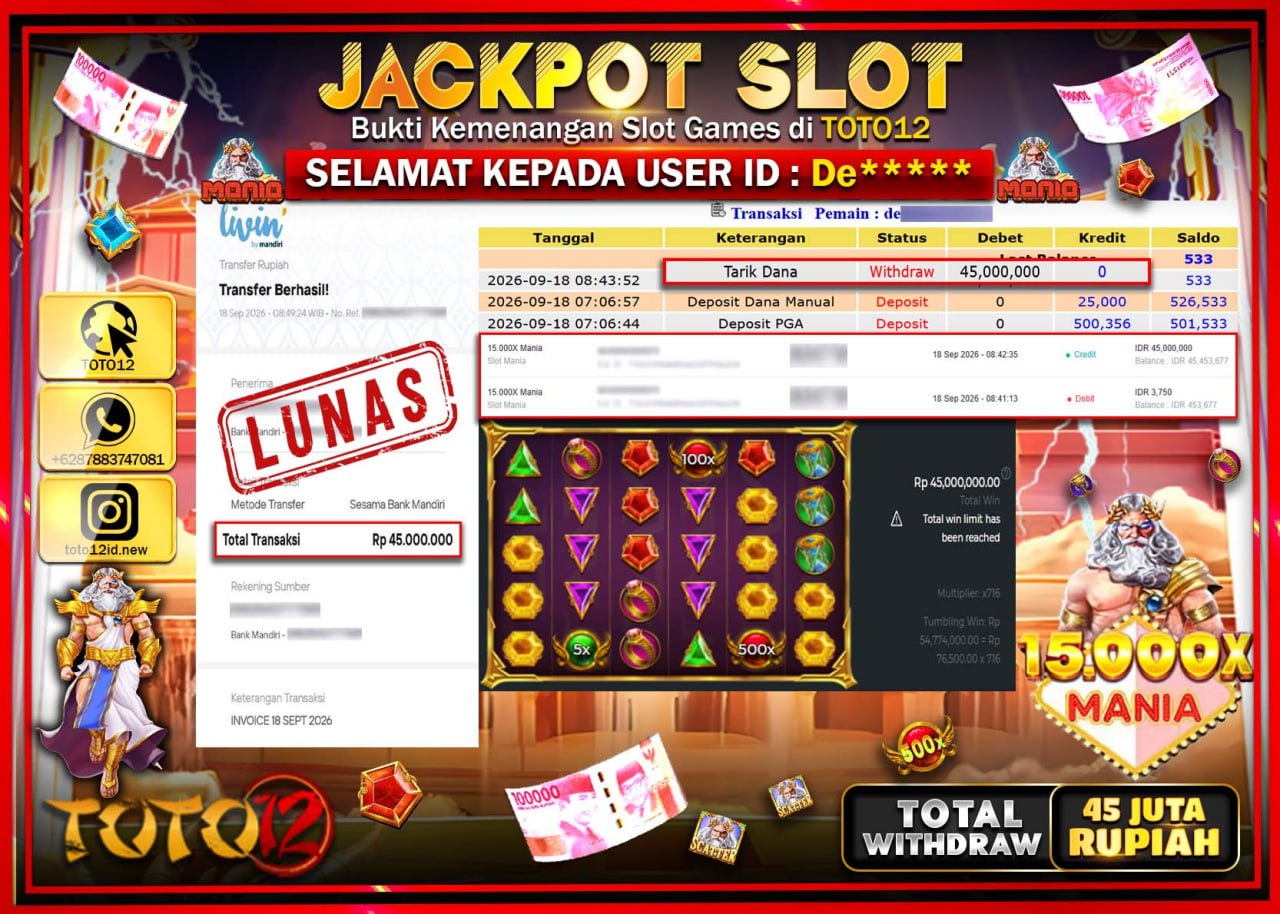 HANYA DI TOTO12 JP PASTI DI BAYAR LUNAS DAN CEPAT!!!!!! JACKPOT SLOT GAME (15.000 X MANIA) Rp45.000.000!!!!
