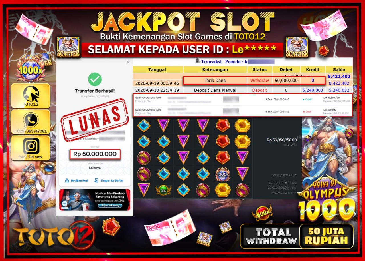 HANYA DI TOTO12 JP PASTI DI BAYAR LUNAS DAN CEPAT!!!!!! JACKPOT SLOT GAME (GATES OF OLYMPUS 1000) Rp50.000.000!!!!