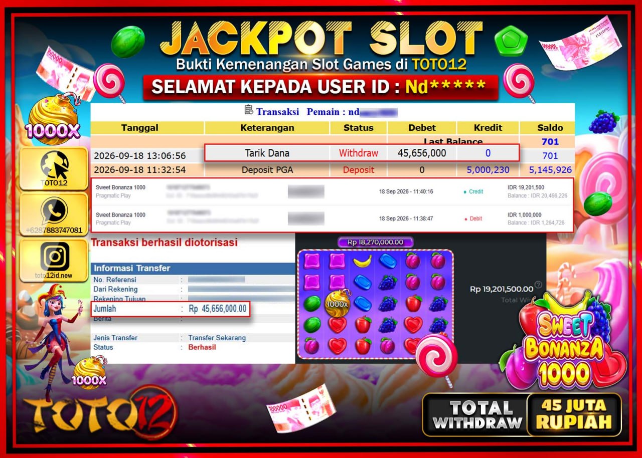 HANYA DI TOTO12 JP PASTI DI BAYAR LUNAS DAN CEPAT!!!!!! JACKPOT SLOT GAME (SWEET BONANZA 1000) Rp45.656.000!!!!