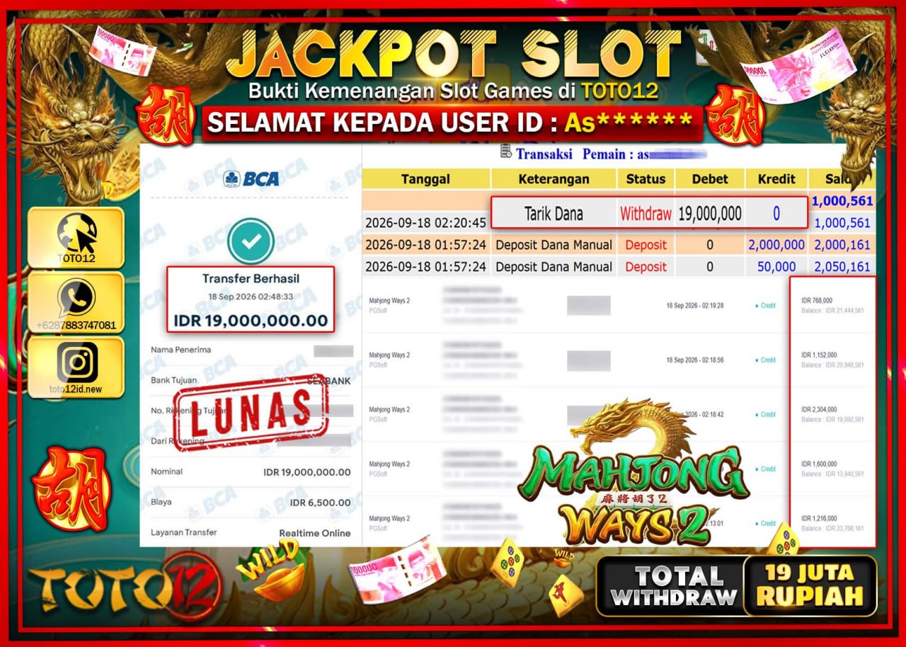HANYA DI TOTO12 JP PASTI DI BAYAR LUNAS DAN CEPAT!!!!!! JACKPOT SLOT GAME (MAHJONG WAYS 2) Rp19.000.000!!!!