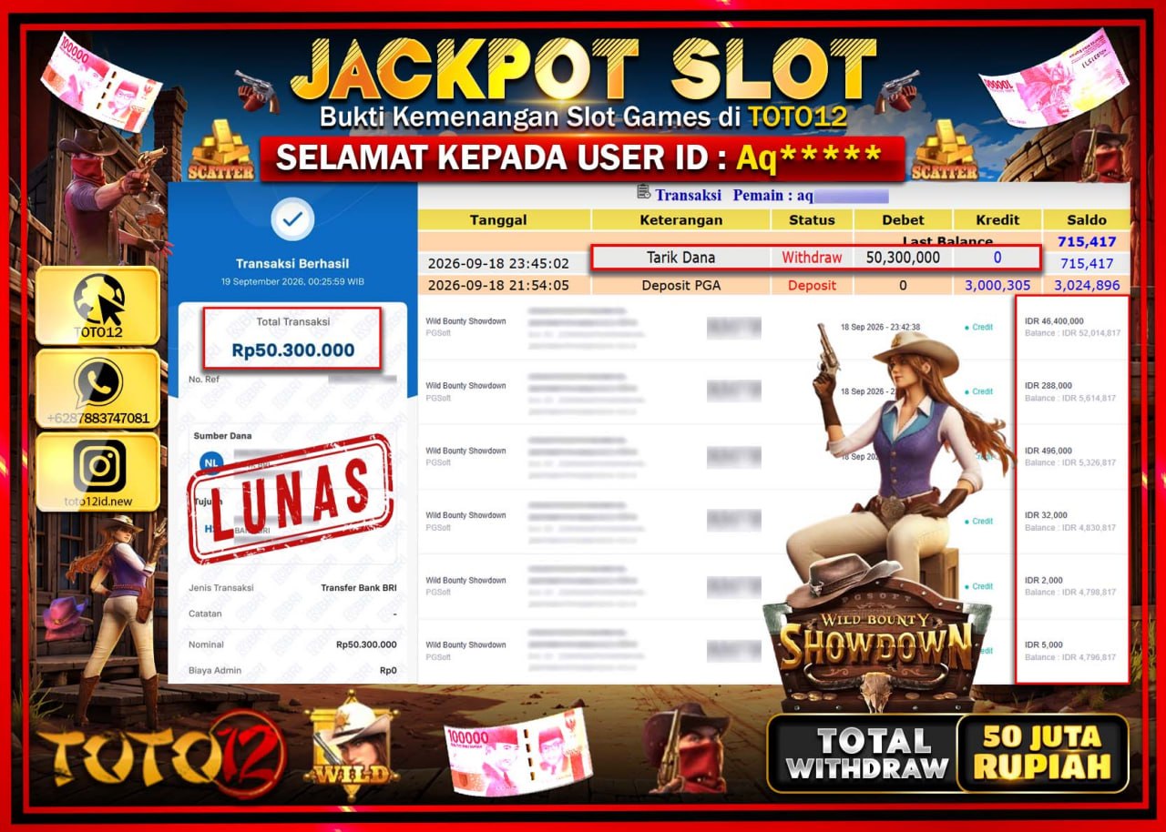 HANYA DI TOTO12 JP PASTI DI BAYAR LUNAS DAN CEPAT!!!!!! JACKPOT SLOT GAME (WILD BOUNTY SHOWDOWN) Rp50.300.000!!!!