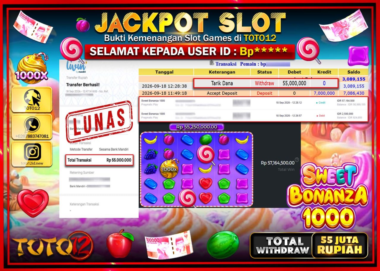 HANYA DI TOTO12 JP PASTI DI BAYAR LUNAS DAN CEPAT!!!!!! JACKPOT SLOT GAME (SWEET BONANZA 1000) Rp55.000.000!!!!