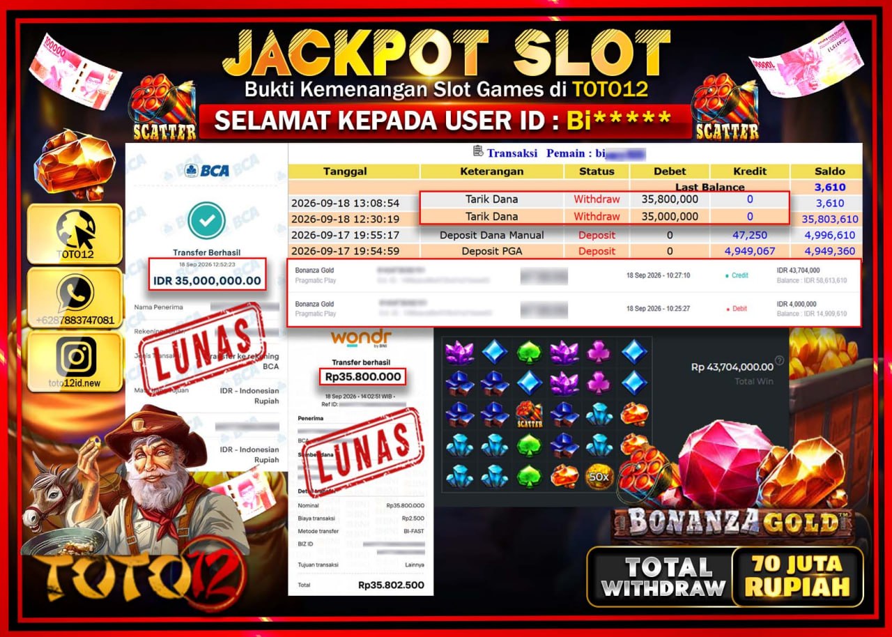 HANYA DI TOTO12 JP PASTI DI BAYAR LUNAS DAN CEPAT!!!!!! JACKPOT SLOT GAME (BONANZA GOLD ) Rp70.800.000!!!!
