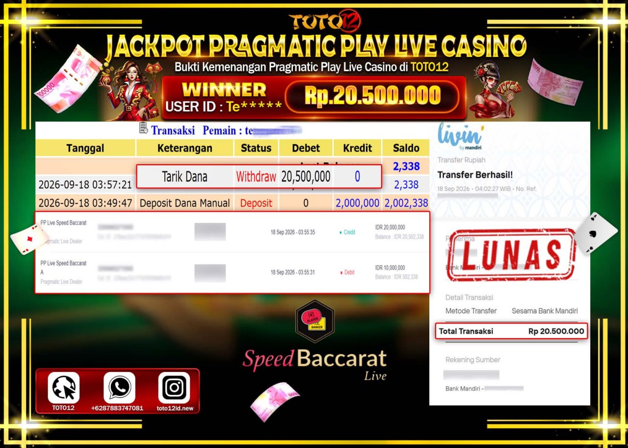 HANYA DI TOTO12 JP PASTI DI BAYAR LUNAS DAN CEPAT!!!!!! JACKPOT PRAGMATIC PLAY LIVE GAME CASINO (PP LIVE SPEED BACCARAT A) Rp20.500.000!!!!