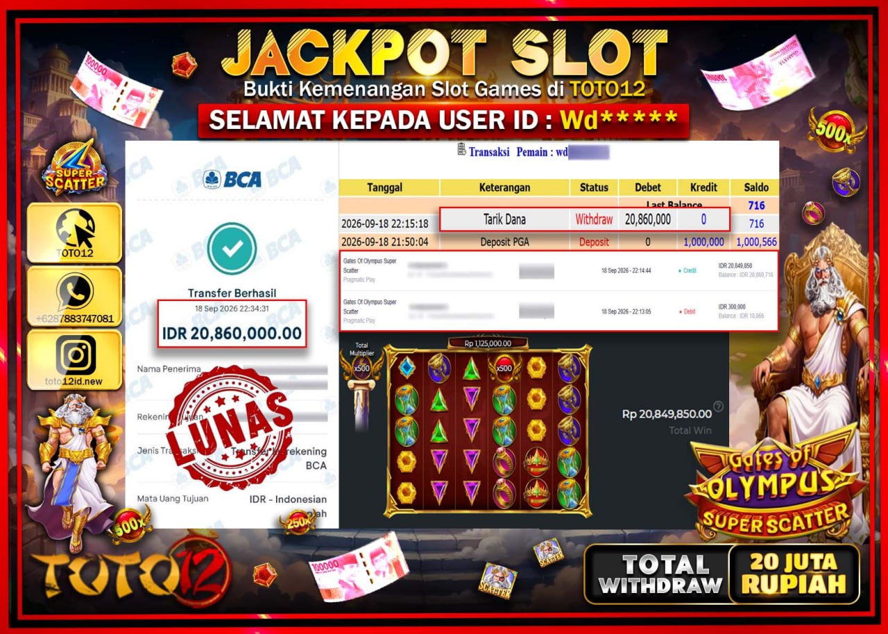 HANYA DI TOTO12 JP PASTI DI BAYAR LUNAS DAN CEPAT!!!!!! JACKPOT SLOT GAME (GATES OF OLYMPUS SUPER SCATTER) Rp20.860.000!!!!