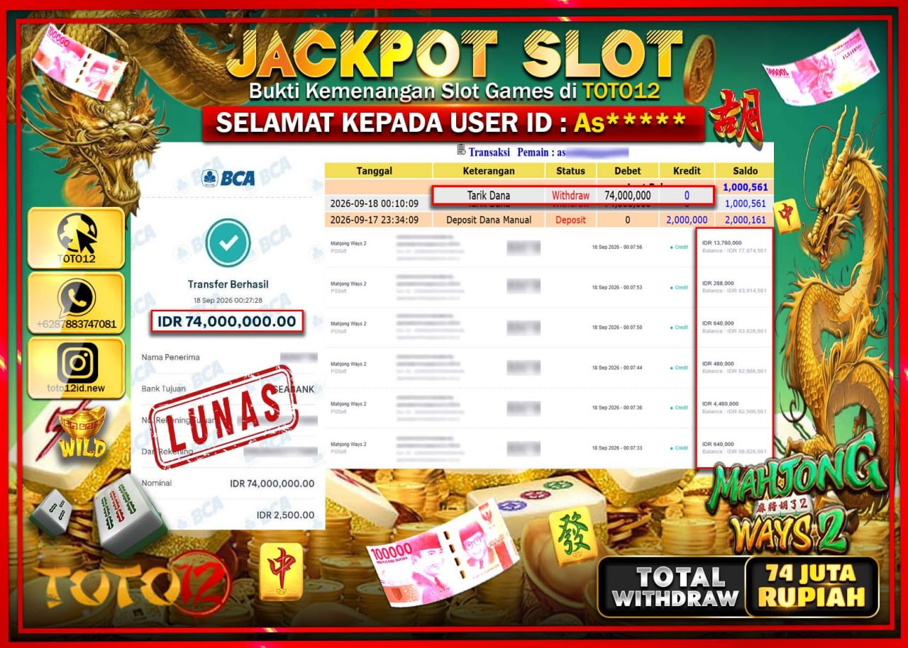 HANYA DI TOTO12 JP PASTI DI BAYAR LUNAS DAN CEPAT!!!!!! JACKPOT SLOT GAME (MAHJONG WAYS 2) Rp74.000.000!!!!