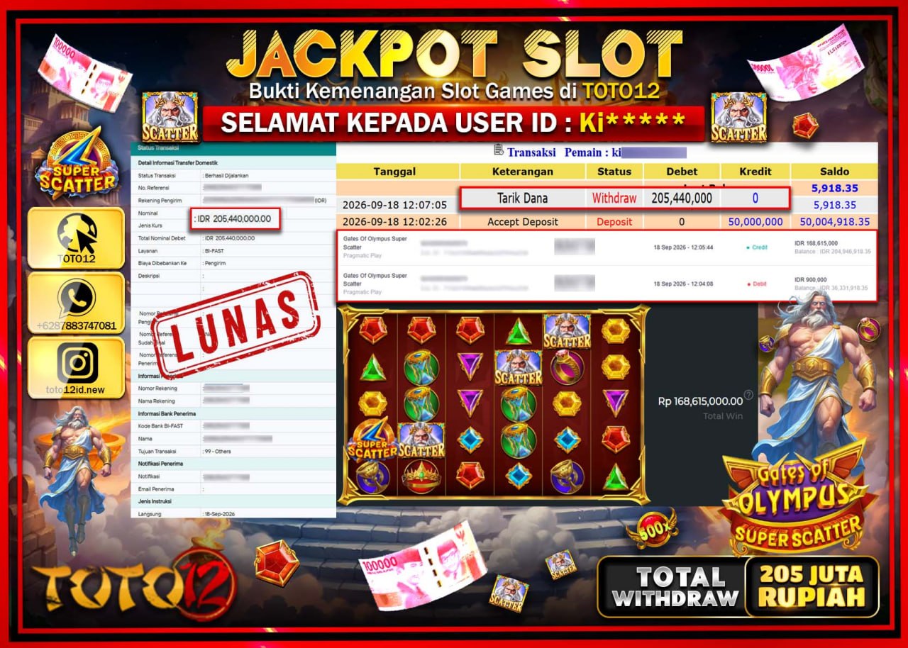 HANYA DI TOTO12 JP PASTI DI BAYAR LUNAS DAN CEPAT!!!!!! JACKPOT SLOT GAME (GATES OF OLYMPUS SUPER SCATTER) Rp205.440.000!!!!
