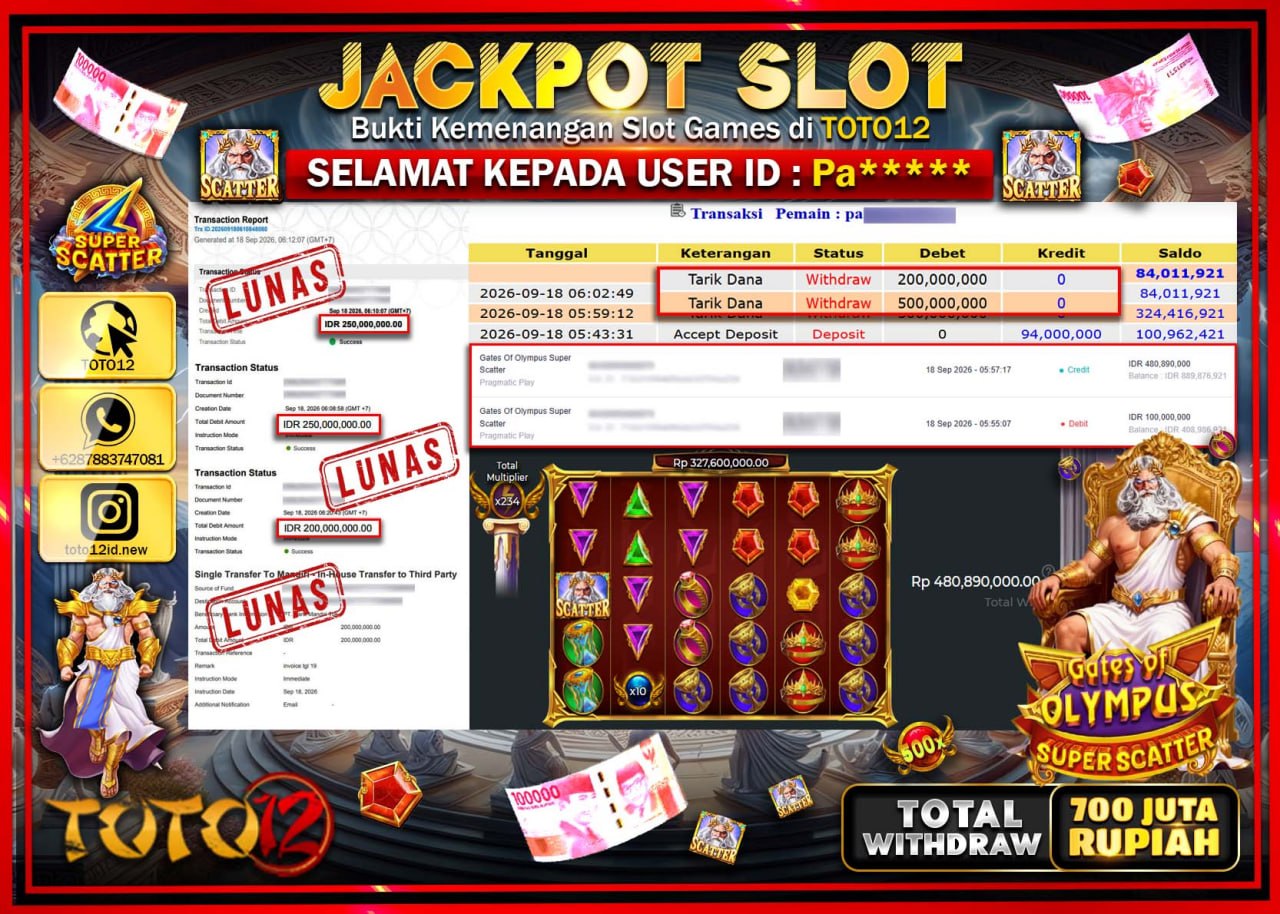 HANYA DI TOTO12 JP PASTI DI BAYAR LUNAS DAN CEPAT!!!!!! JACKPOT SLOT GAME (GATES OF OLYMPUS SUPER SCATTER) Rp700.000.000!!!!